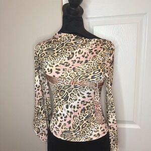 Women's Y2K Byer Girl Cheetah Print Top 2000s Cowl Neck Bling Belt SZ XS (read)